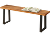 Acacia wood patio bench with U-shaped metal legs, perfect for entryway or poolside seating for two people.