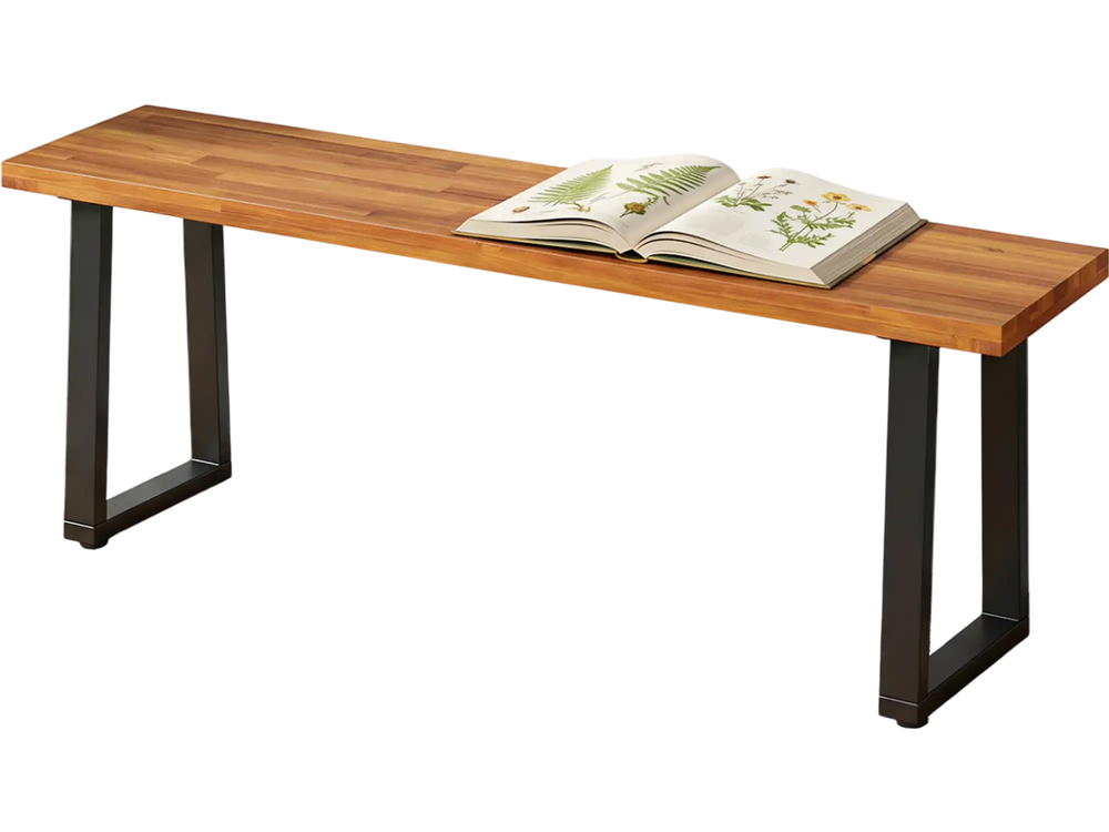 Acacia wood patio bench with U-shaped metal legs, perfect for entryway or poolside seating for two people.