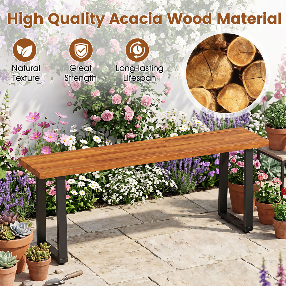 Acacia wood patio bench with U-shaped metal legs, ideal for entryway or poolside seating, comfortably seats 2 people.