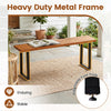 Wood patio bench with a heavy-duty metal frame, featuring adjustable foot pads for stability in various settings.