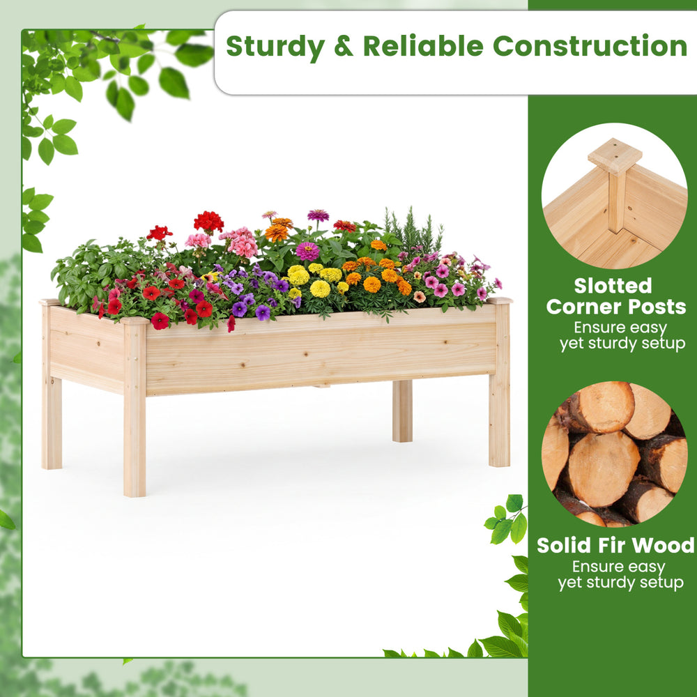 Wooden raised garden bed made of natural fir wood, featuring slotted corner posts and ample planting area for versatile.