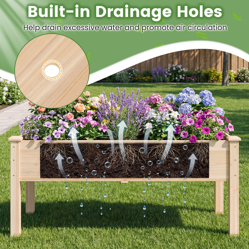 Wooden raised garden bed with legs, natural fir wood, featuring built-in drainage holes for optimal air circulation.