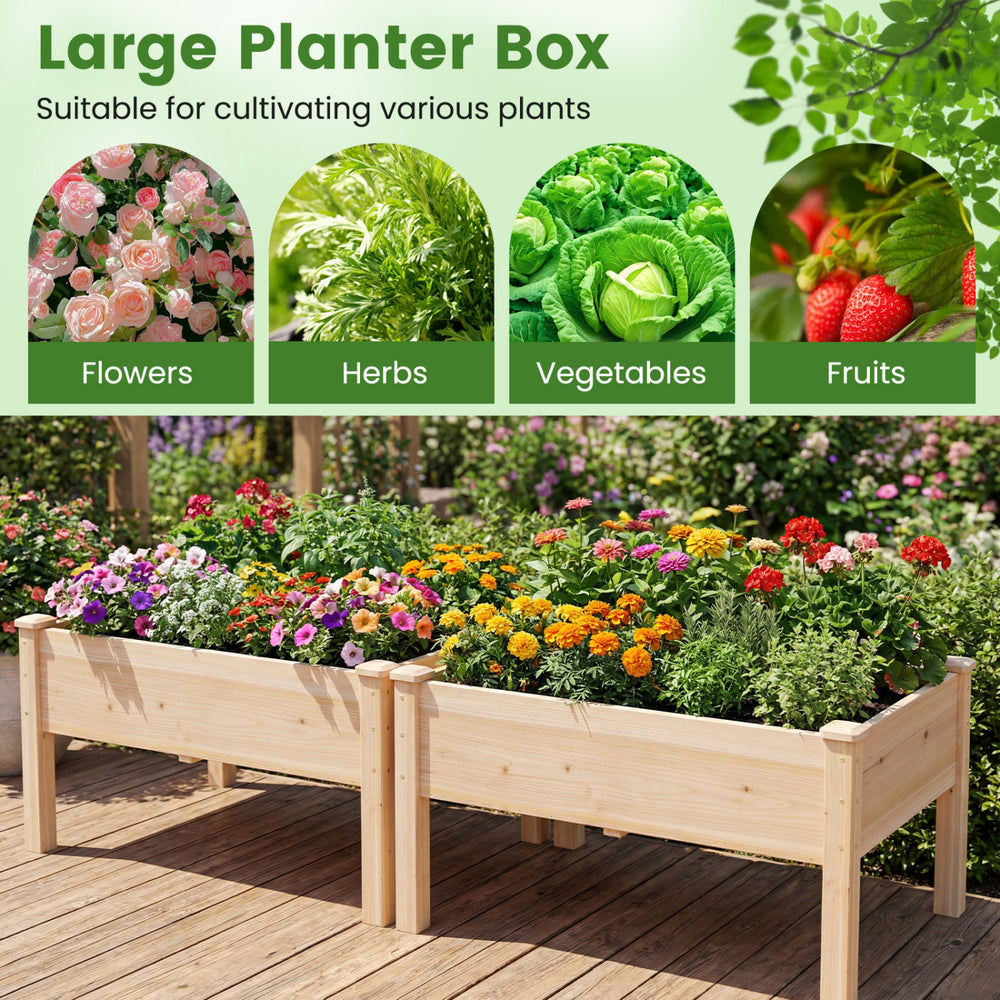 Large wooden raised garden bed made of fir wood, ideal for growing flowers, herbs, vegetables, and fruits.