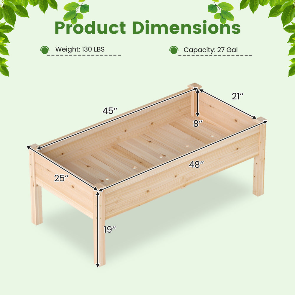 Wooden raised garden bed dimensions showing 48” x 25” x 21”, made of natural fir wood for versatile indoor or outdoor.