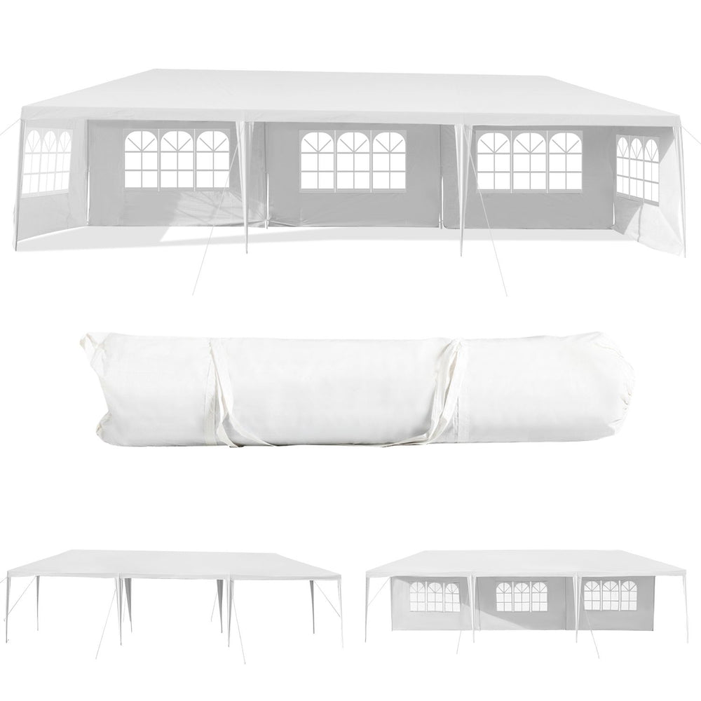 10 x 30 feet canopy tent with 5 removable sidewalls, durable PE material, ideal for outdoor parties and weddings.