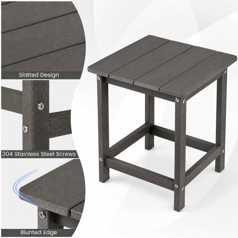 Gray 14-inch square weather-resistant Adirondack side table features a slatted design and durable HDPE material for outdoor use.