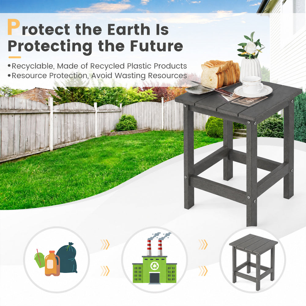Gray 14-inch square weather-resistant Adirondack side table made of recyclable HDPE, perfect for outdoor use.