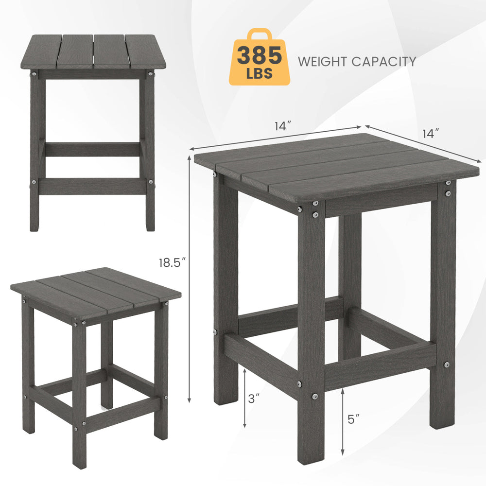 Gray 14-inch square weather-resistant Adirondack side table with slatted top and 385 lbs weight capacity for outdoor use.