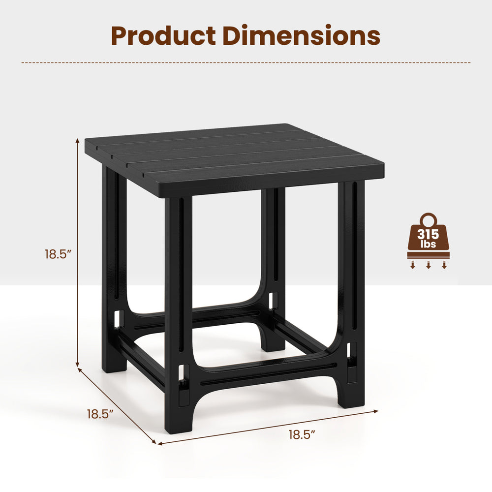 Black 18-inch outdoor Adirondack side table features a slatted surface, sturdy frame, and waterproof HDPE material for durability.