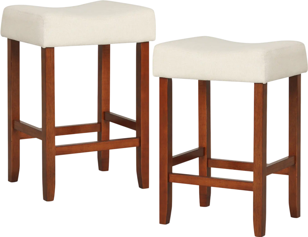 Set of 2 backless bar stools with cushioned off-white seats and sturdy rubber wood legs, perfect for kitchen or dining.