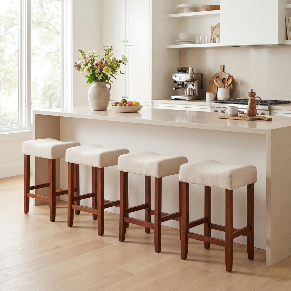 Set of 2 24-inch bar stools with cushioned off-white seats and sturdy rubber wood legs, perfect for kitchen or dining.