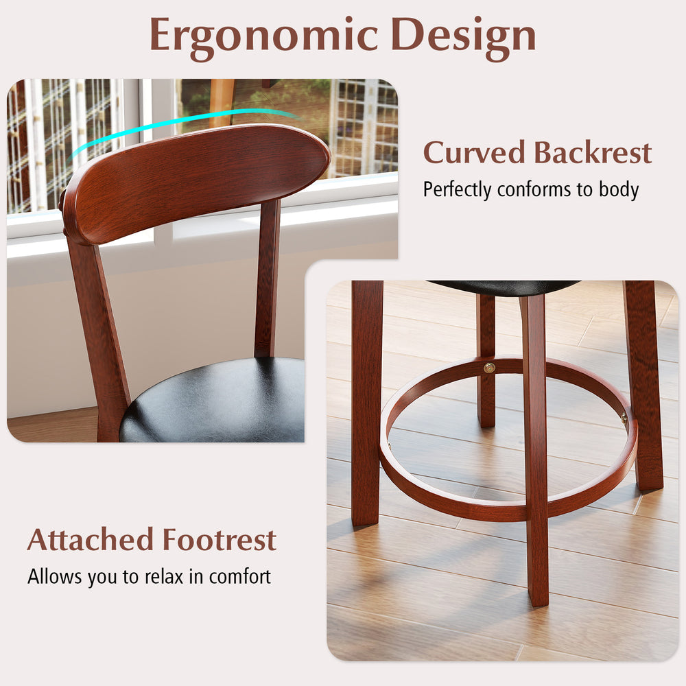 Curved backrest and attached footrest of a 24-inch upholstered dining chair, made from solid rubber wood for kitchen.
