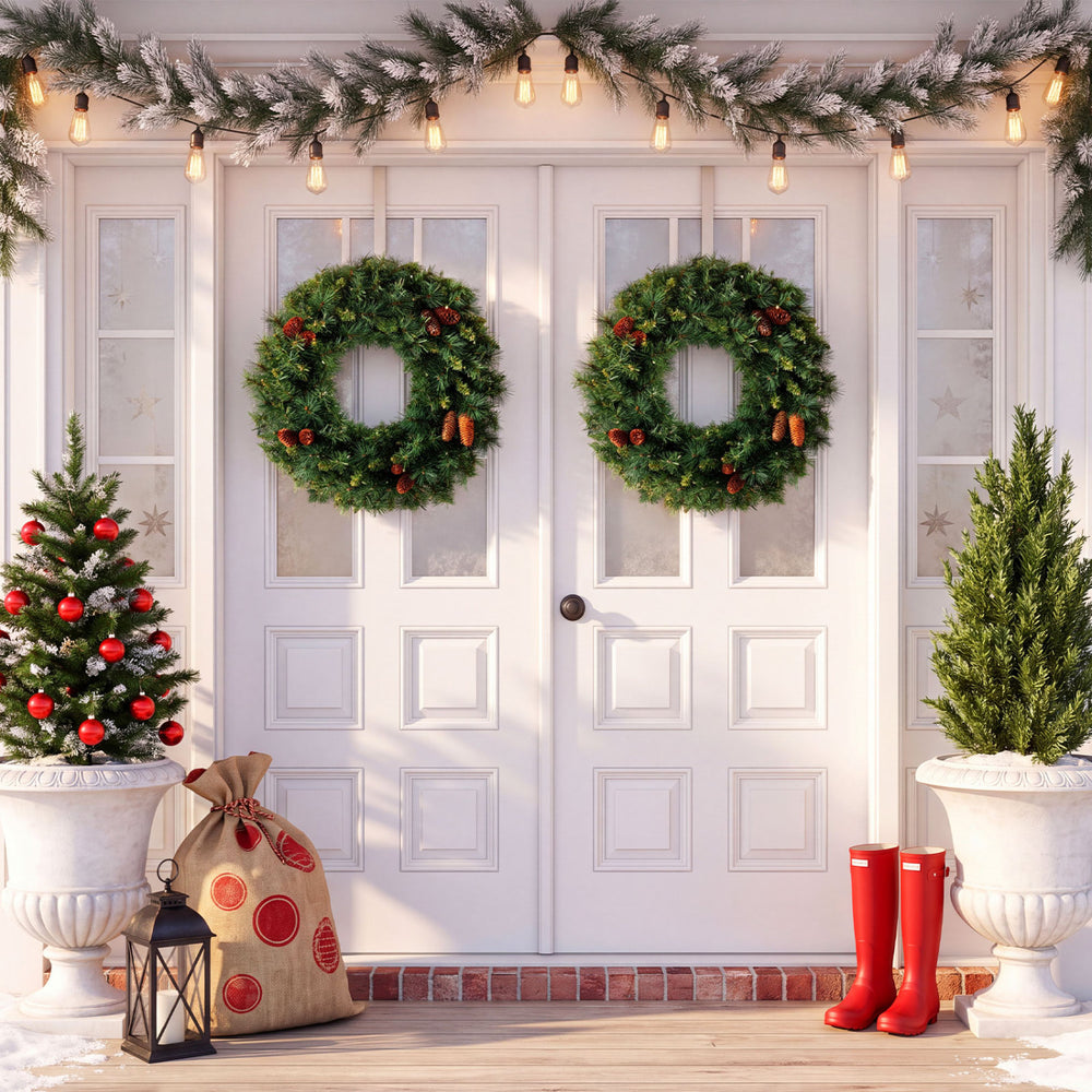 Set of 2 24 Inch Pre-Lit Artificial Christmas Wreath for Front Door Battery Operated - Gallery View 1 of 8