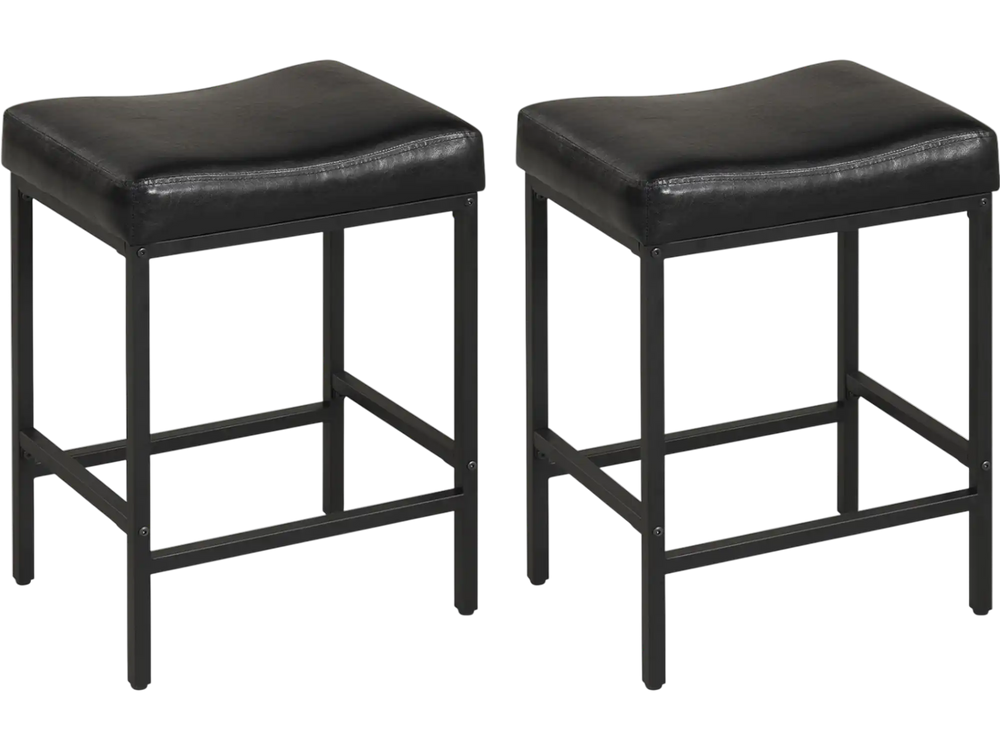 Set of 2 black counter height bar chairs with ergonomic saddle seats, ideal for kitchen islands or dining rooms.