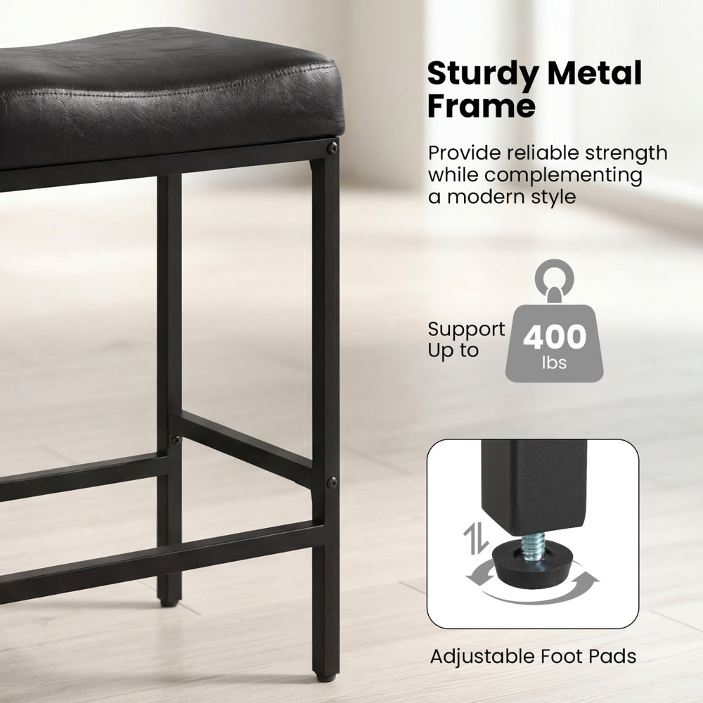 Backless black bar chair with ergonomic saddle seat, sturdy metal frame, and adjustable foot pads for kitchen islands.