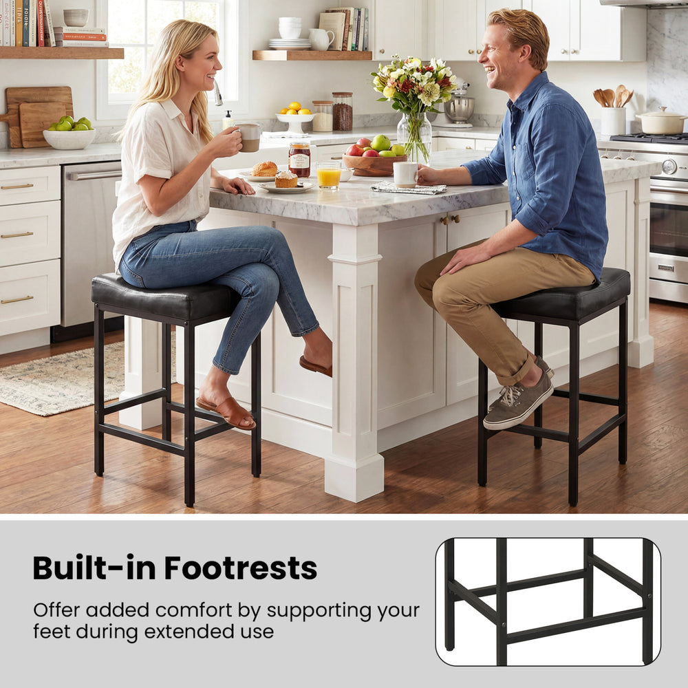Backless black counter height bar chair set with ergonomic saddle seat and built-in footrests for kitchen islands.