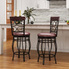 Set of 2 vintage 26-inch bar stools with backrest and footrest in brown, featuring a swivel design for comfort.