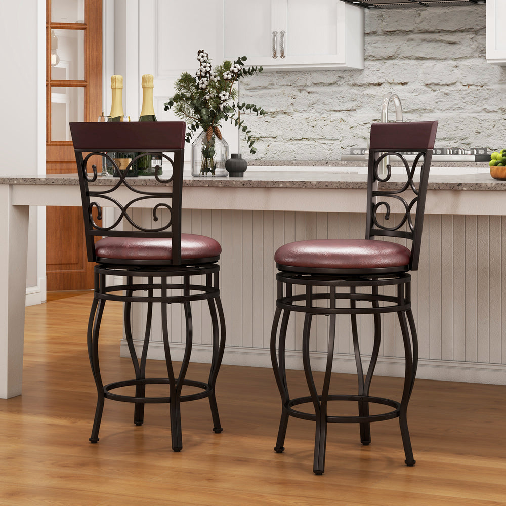 Set of 2 vintage 26-inch bar stools with backrest and footrest in brown, featuring a swivel design for comfort.