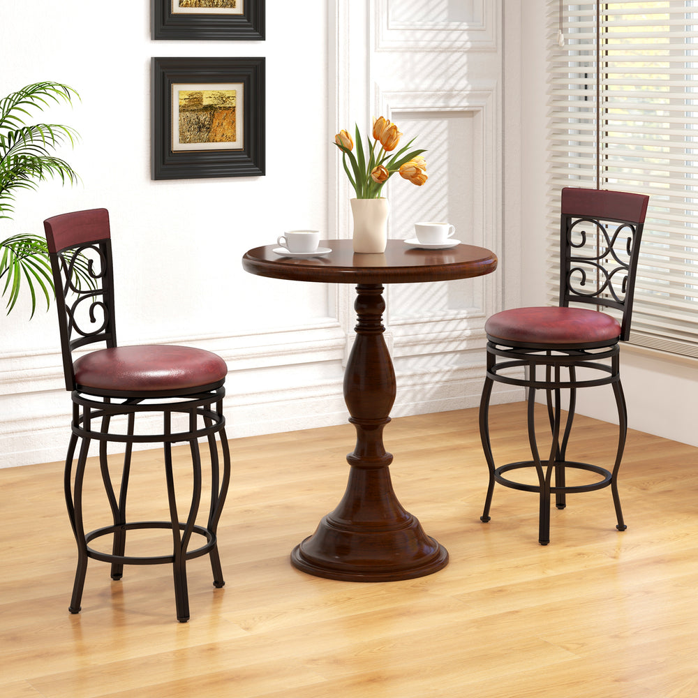 Vintage bar stool set of 2 with backrest and footrest, featuring a brown finish and 360° swivel for versatile use.