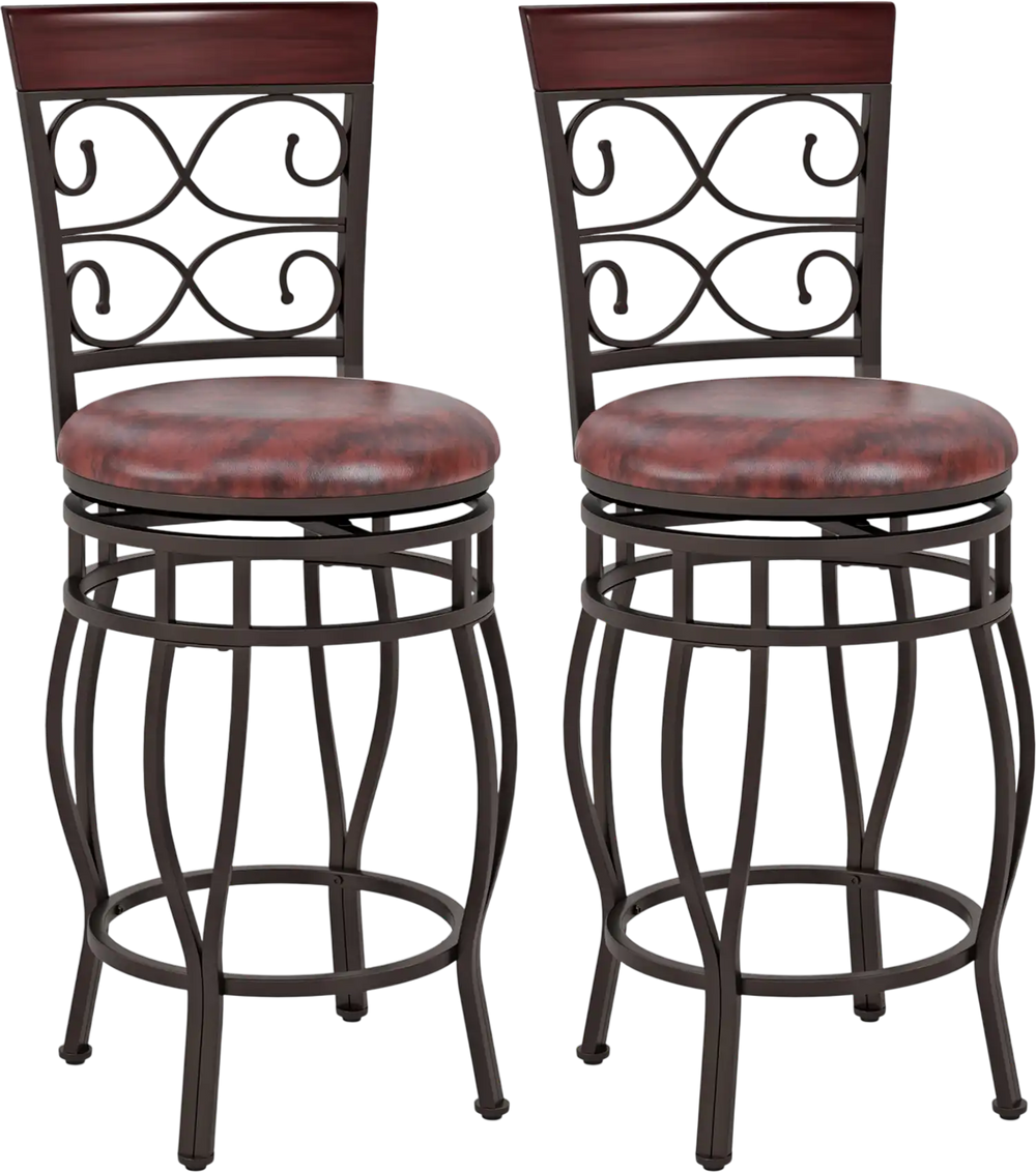 Set of 2 vintage 26-inch bar stools with backrest, footrest, and swivel feature, perfect for kitchen or bar use.