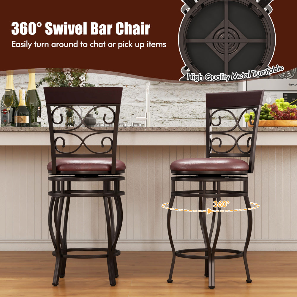 Set of 2 vintage 26-inch bar stools with backrest, 360° swivel, and PU leather cushion for kitchen or bar use.