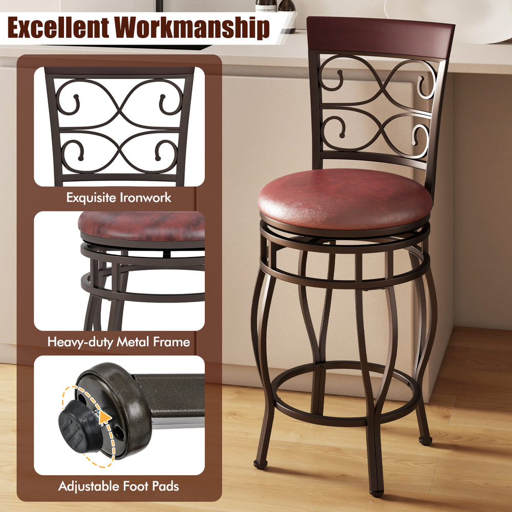 Vintage 26-inch bar stool with backrest, swivel seat, and heavy-duty metal frame, ideal for kitchen or bar use.