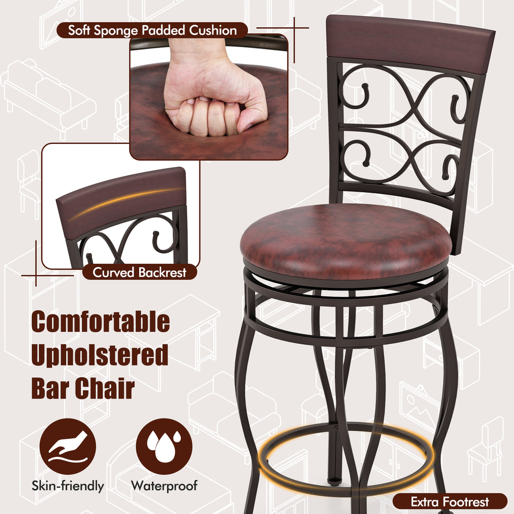 Comfortable 26-inch brown bar stool with backrest, featuring a soft padded cushion and sturdy metal frame for stability.