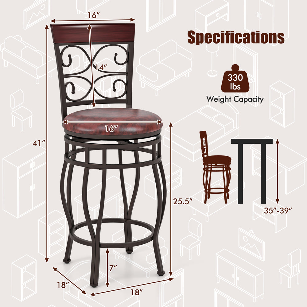 Vintage 26-inch bar stool with backrest and footrest, featuring a brown PU leather seat and heavy-duty metal frame.