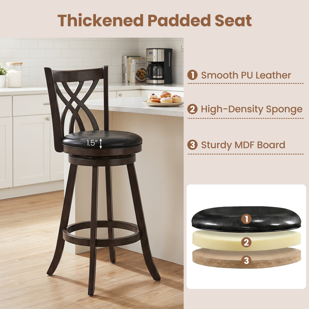 Counter height bar stool set featuring a 1.5" thick padded seat and ergonomic hollowed backrest for comfort.