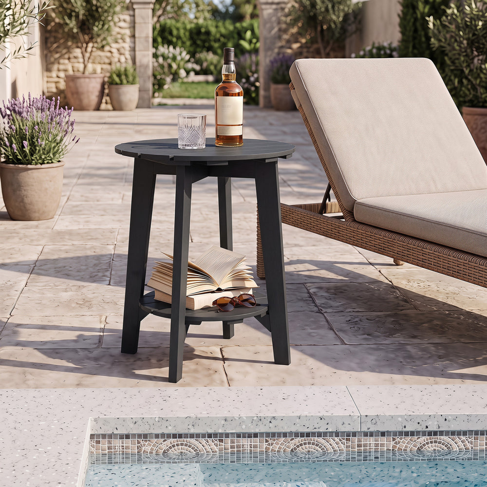 Black eucalyptus wood side table with slatted tabletop and storage shelf, perfect for outdoor patio or poolside use.