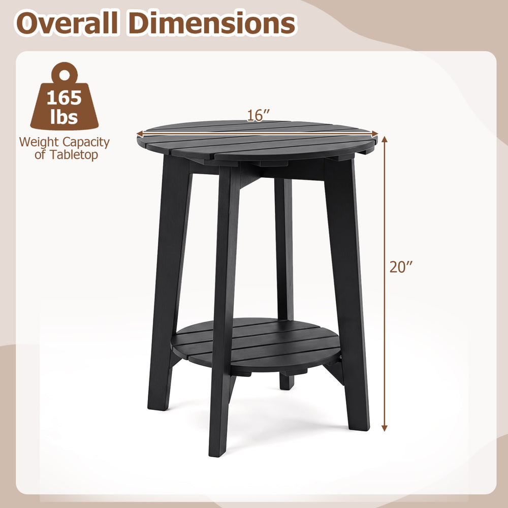Black 2-tier outdoor eucalyptus wood side table features a slatted tabletop and storage shelf, ideal for backyard use.