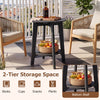 Black 2-tier outdoor eucalyptus wood side table with slatted tabletop and storage shelf, perfect for backyard use.