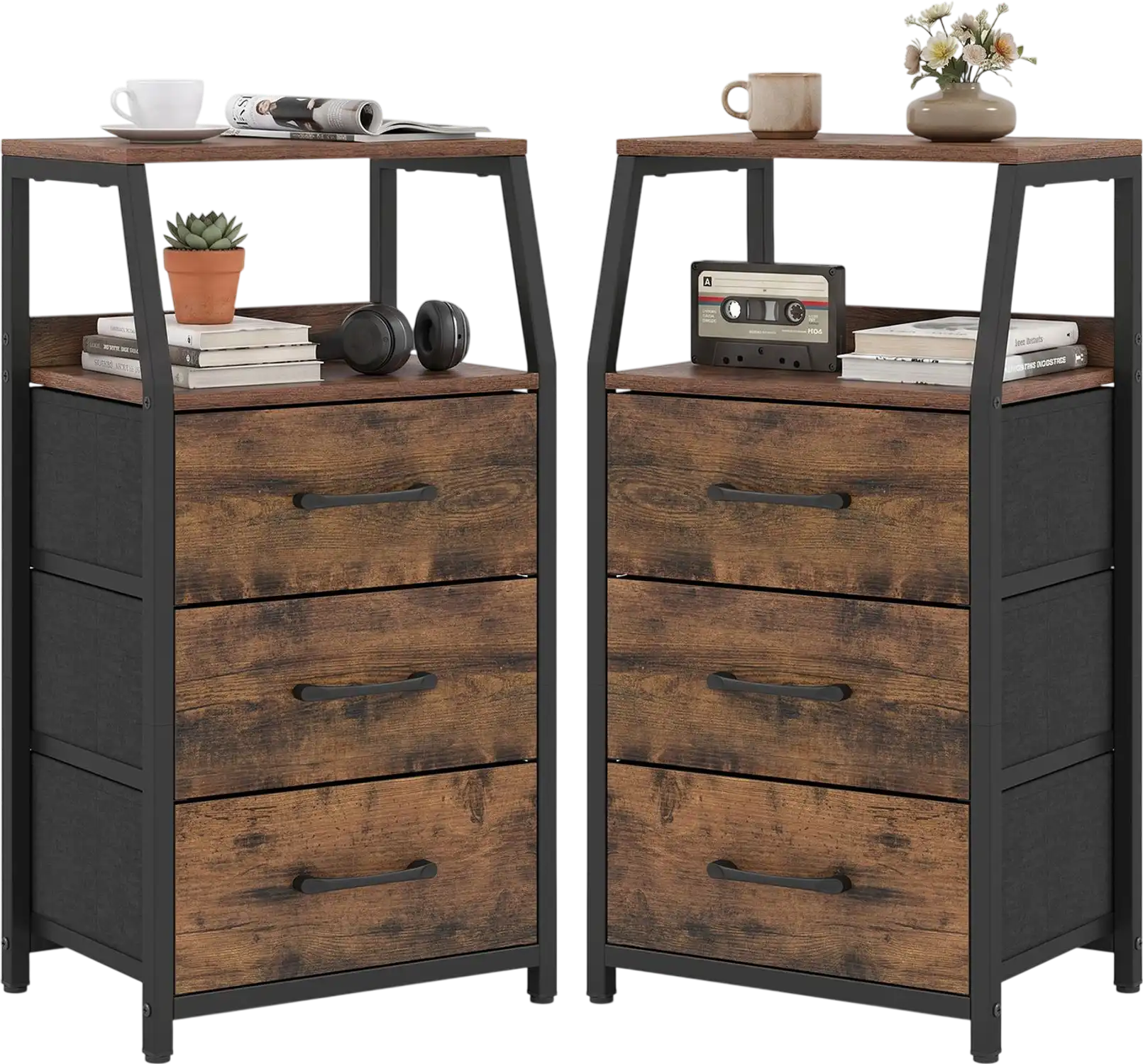 Costway Set of 2 Tall Nightstands 3 Fabric Drawers 2 Open Shelves 42149617 New