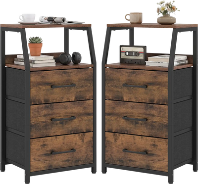 Costway Set of 2 Tall Nightstands 3 Fabric Drawers 2 Open Shelves 42149617 New