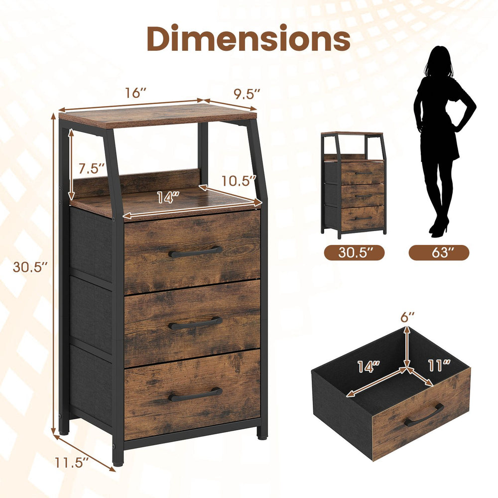 Rustic brown nightstand featuring three fabric drawers and two open shelves, perfect for bedroom organization and decor.