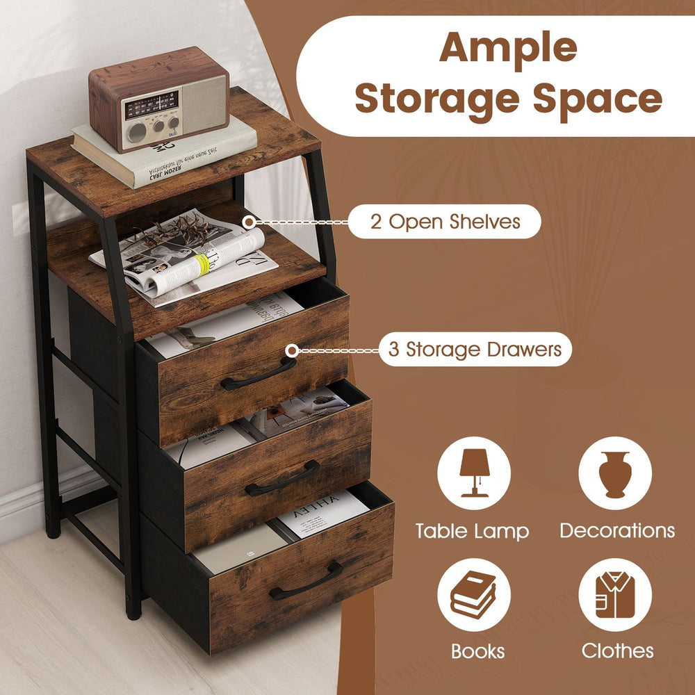 Rustic brown nightstand featuring 3 fabric drawers and 2 open shelves for storing books, clothes, and decorations.