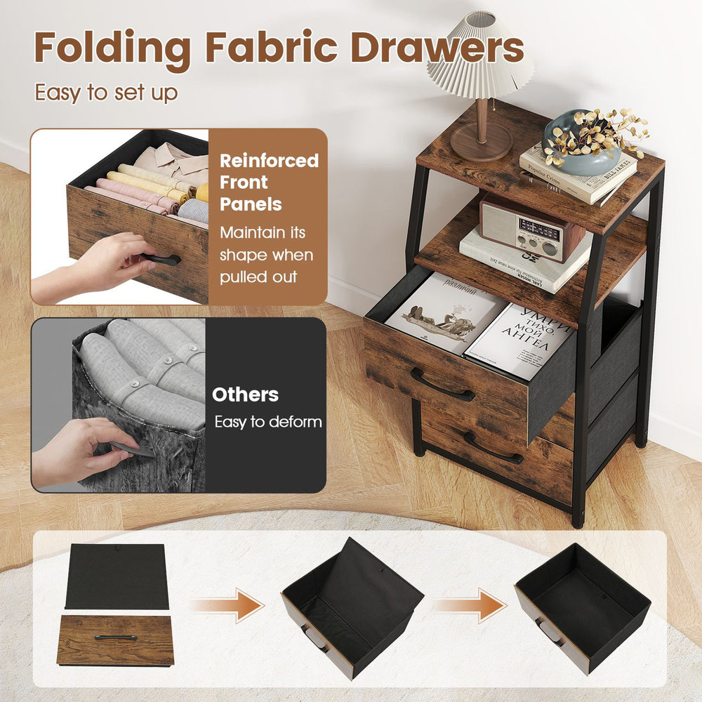 Rustic brown nightstand featuring 3 fabric drawers and 2 open shelves, perfect for storage and decoration in any room.