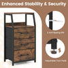 Rustic brown nightstand featuring three fabric drawers, two open shelves, and adjustable foot pads for stability.