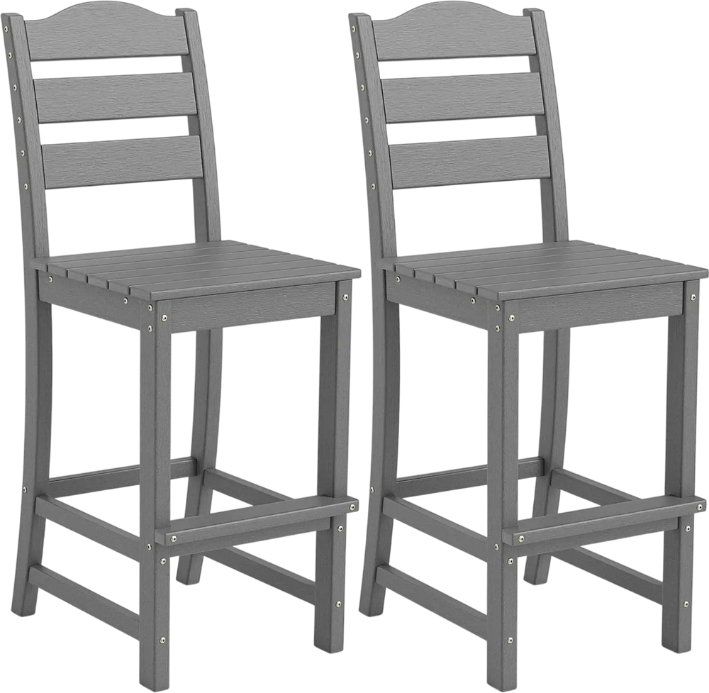 Set of 2 gray HDPE outdoor counter height bar stools with backs, 30-inch seat height, perfect for bar tables.