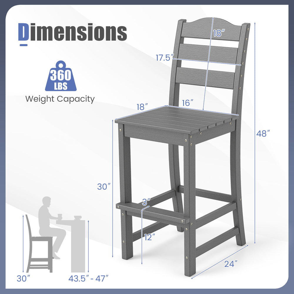 30-inch gray HDPE outdoor counter height bar stool with back, featuring slatted design and wider footrest for comfort.