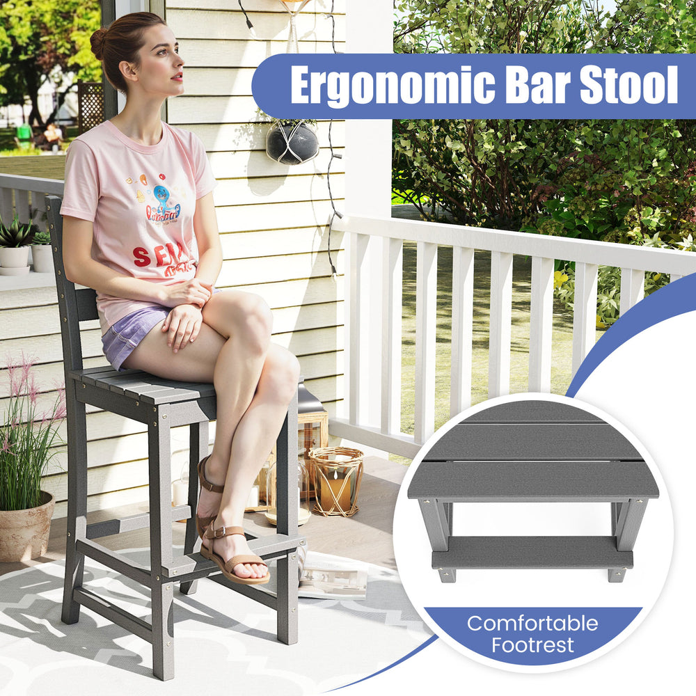 Ergonomic gray HDPE outdoor bar stool with back and wider footrest, perfect for 30-inch counter height tables.