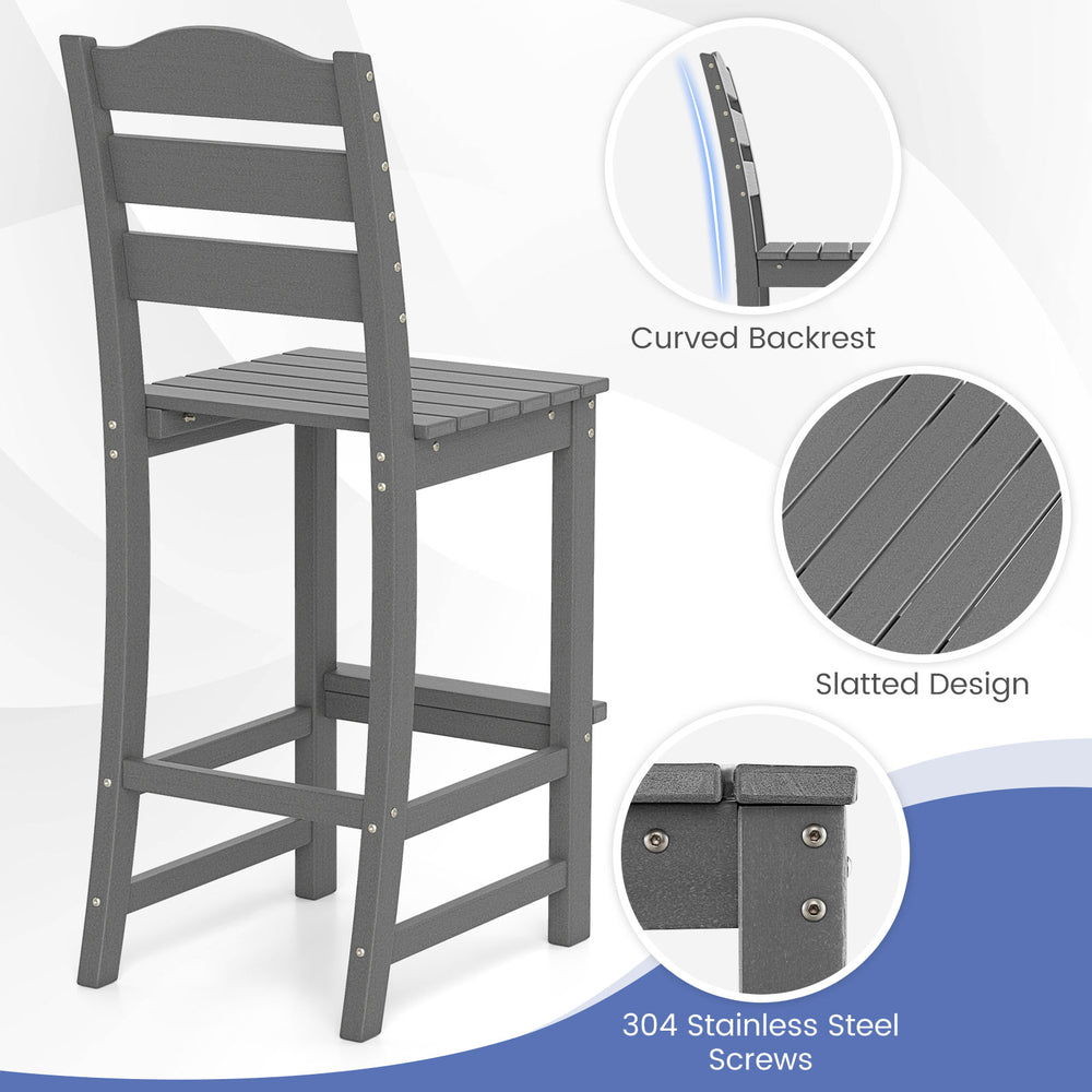 Gray HDPE outdoor counter height bar stool with curved backrest and slatted design, ideal for 30" bar tables.