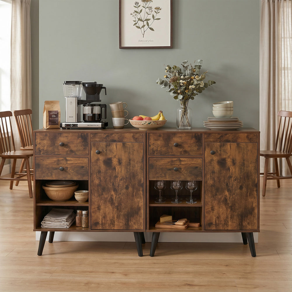 Rustic brown buffet cabinet with two drawers and open compartments, ideal for kitchen storage and display.