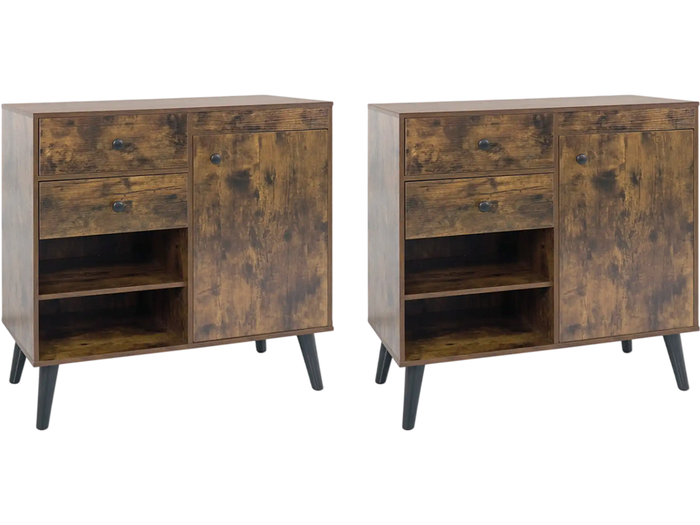Set of 2 rustic brown buffet cabinets featuring 2 drawers and open compartments, ideal for kitchen storage and display.