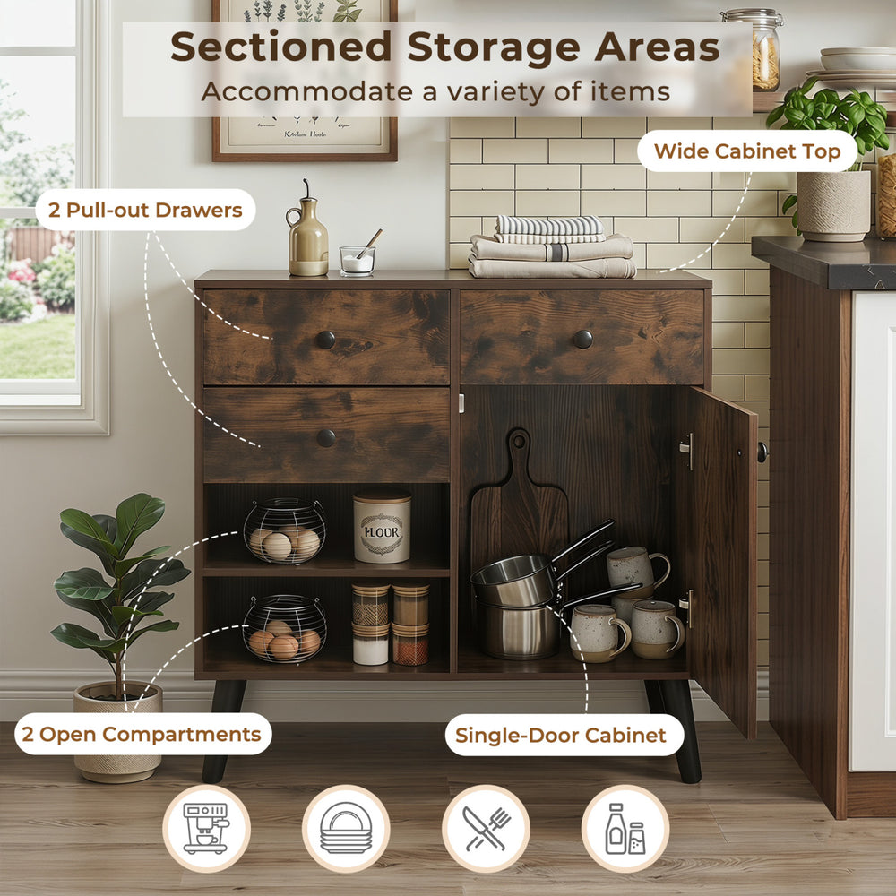 Rustic brown buffet cabinet featuring 2 drawers and open compartments, ideal for kitchen storage and display.