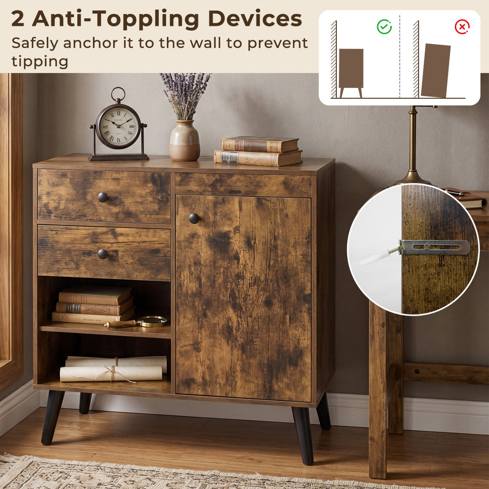 Rustic brown 31" buffet cabinet featuring 2 drawers, open compartments, and anti-tipping devices for safety and stability.