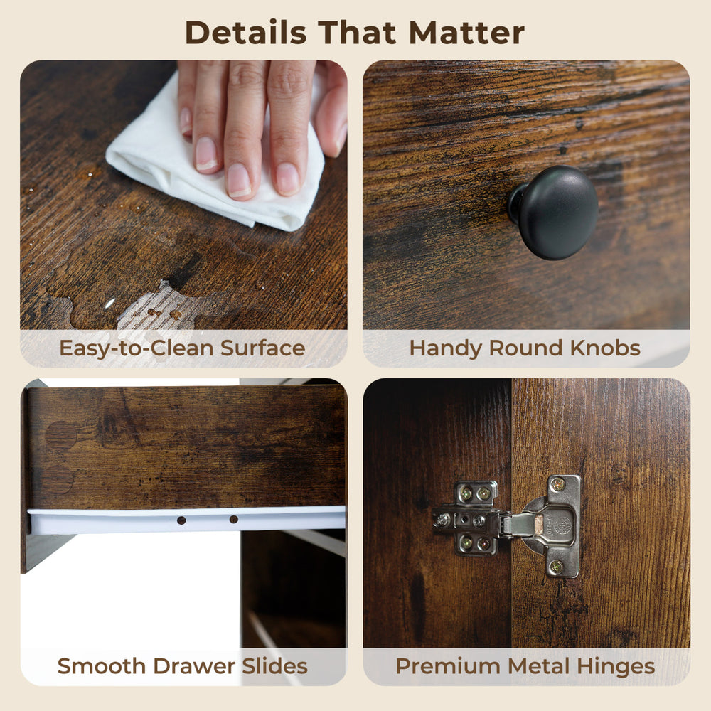 Close-up of the rustic brown buffet cabinet's easy-to-clean surface, round knobs, and premium metal hinges for durability.
