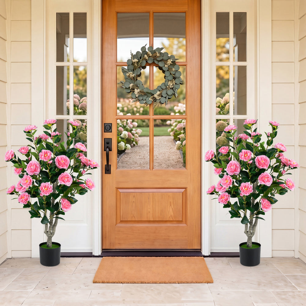 Set of 2 39.5" Artificial Camellia Tree with Orange Blossoms in Cement Pot for Decoration-Pink - Gallery View 1 of 9