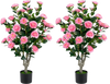 Set of 2 artificial camellia trees with pink blossoms and dense green foliage in cement pots for vibrant outdoor decoration.