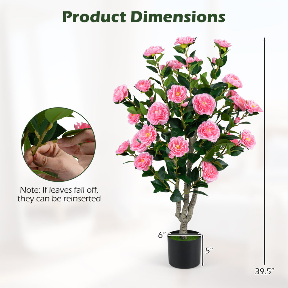 Artificial camellia tree with vibrant pink flowers and dense green foliage, perfect for decoration in various settings.